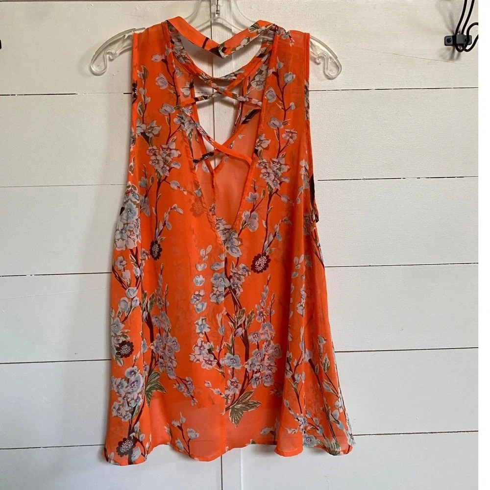 Miss Me Orange Floral Choker Neck Open Back Crisscross Blouse MDT1017T L - Picture 6 of 14